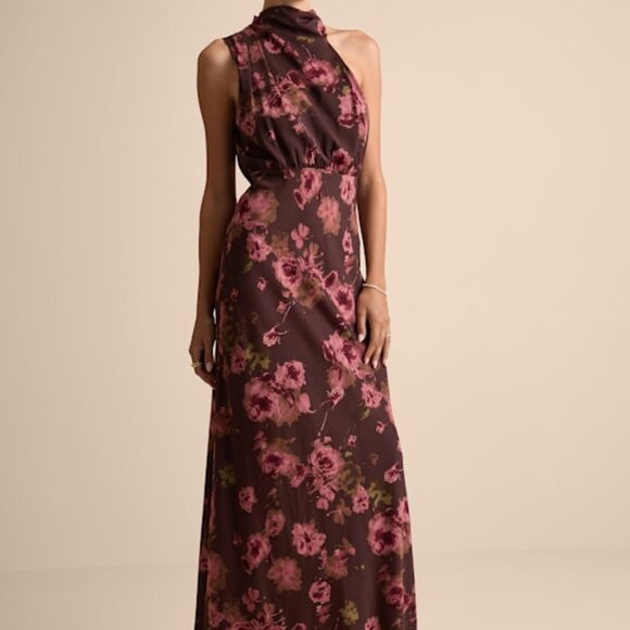 Lulus Dresses & Skirts - Lulus Distinctive Charm Brown Floral Satin Asymmetrical Maxi Dress - Size 1X